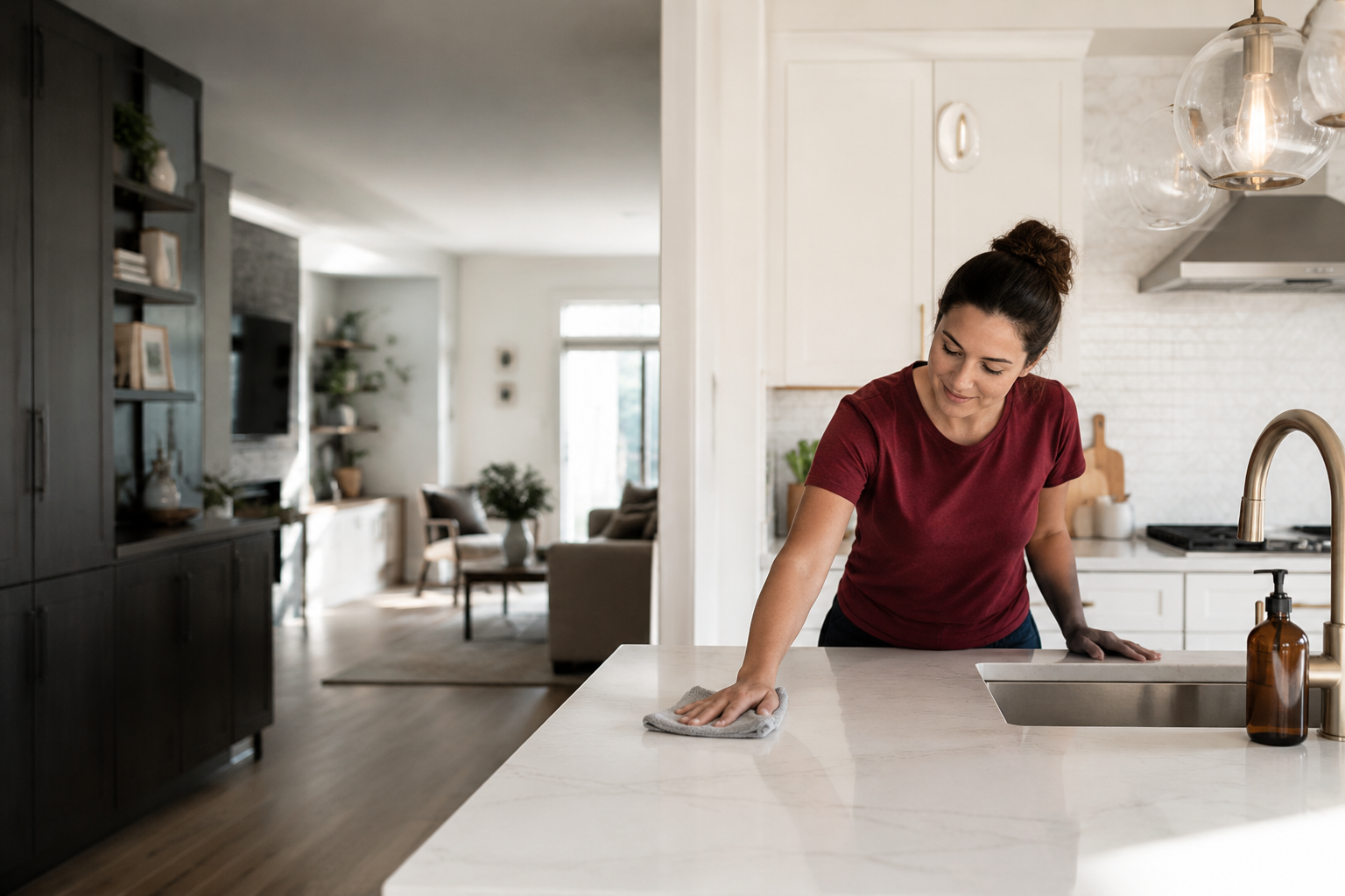 Professional cleaner wiping a bright modern kitchen